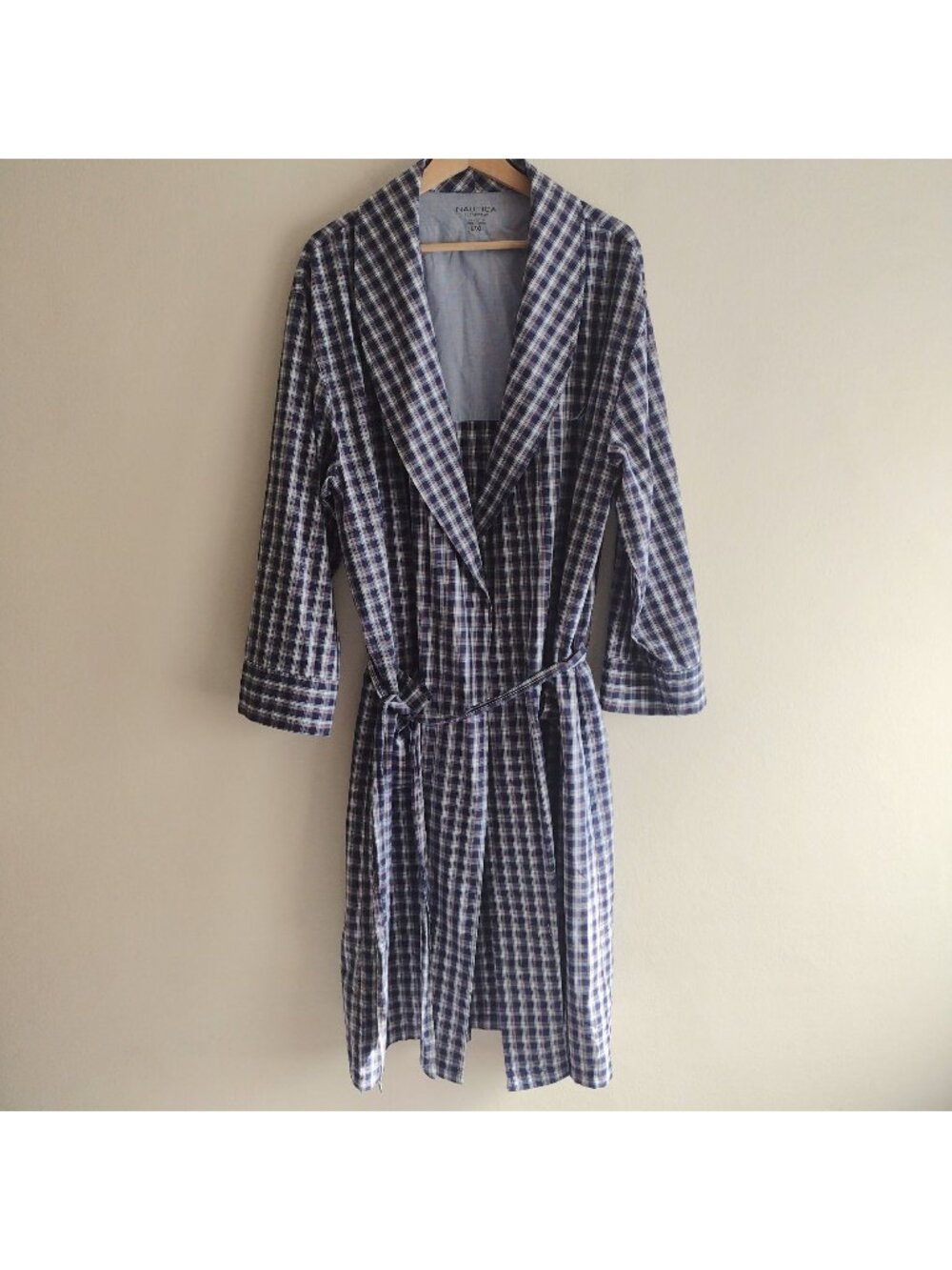 Nautica Mens L/XL Blue Plaid Cotton Robe Lightweight Poplin Wrapper